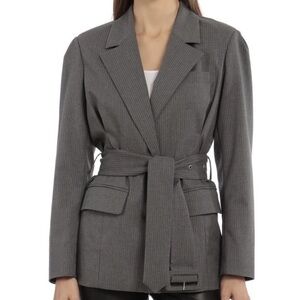 Avec Les Filles Sz S Grey Pin Striped Belted Blazer